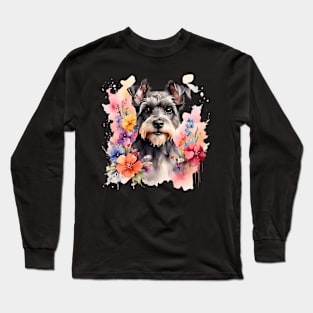 A schnauzer dog decorated with beautiful watercolor flowers Long Sleeve T-Shirt